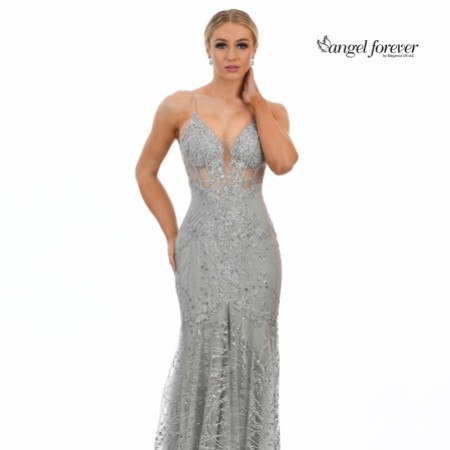 Angel Forever Glitter Lace Fitted Corset Prom Dress (Silver)