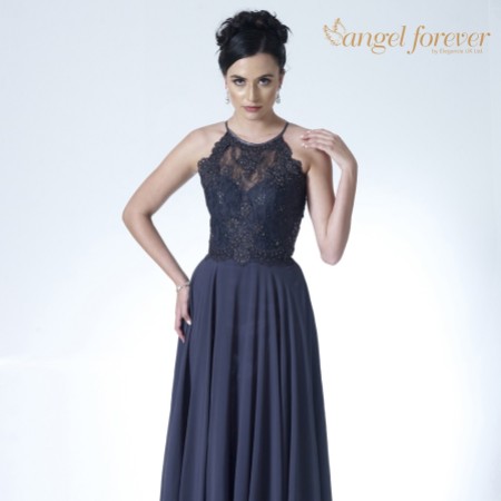 Angel Forever High Neck Lace Bodice A Line Chiffon Prom Dress (Charcoal)