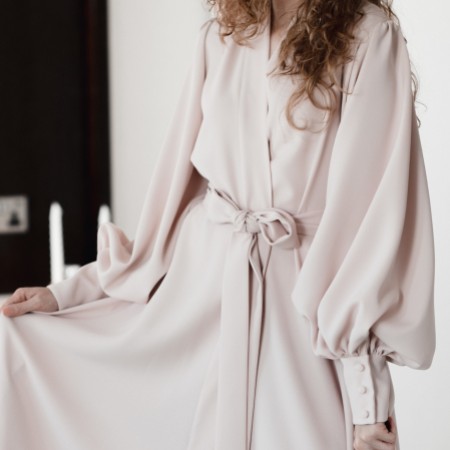 Arianna Emmeline Long Crepe Blouson Sleeve Robe (Blush)