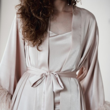 Arianna Florence Feather Sleeve Satin Bridal Robe (Coffee)