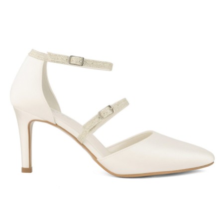 Avalia Linda Ivory Satin and Silver Glitter Double Strap Court Shoes