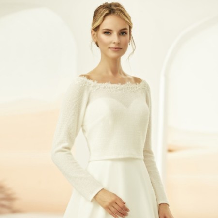 Bianco Ivory Knitted Long Sleeve Bridal Bolero with Lace Detail E325
