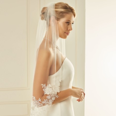 Bianco Single Tier Cut Edge Waist Length Veil with Floral Lace S238