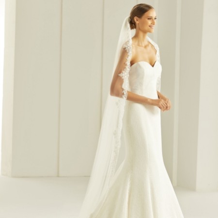 Bianco Single Tier Delicate Beaded Lace Edge Chapel Veil S290
