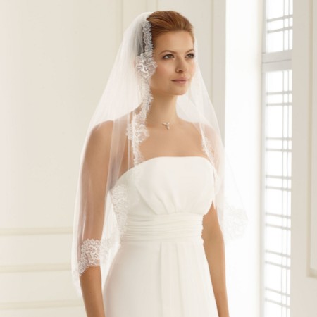 Bianco Single Tier Fine Lace Edge Waist Length Veil S160