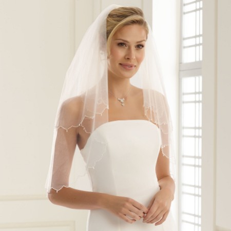 Bianco Two Tier Waist Length Veil with Glass Bead Edge S141