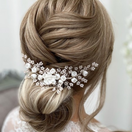 Blossom Porcelain Flowers and Blush Beads Wedding Hair Comb