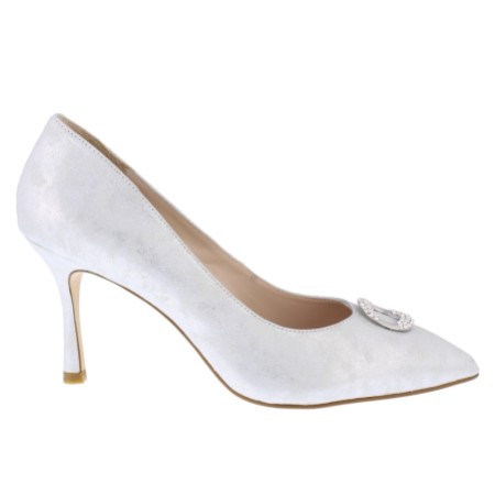 Capollini Judi Silver Nubuck Leather Court Shoes with Diamante Trim