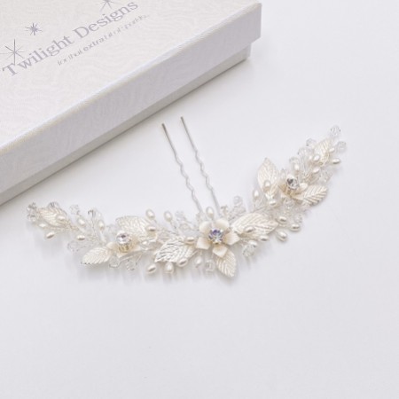 Carlene Silver Flowers and Leaves Hair Pin