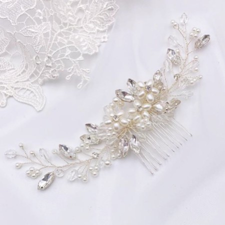 Destiny Pearl Flowers and Crystal Sprigs Bridal Headpiece (Silver)