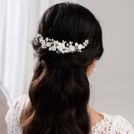 Edelweiss Ivory Porcelain Flowers and Pearl Wedding Hair Comb