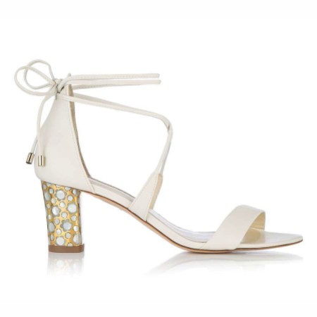 Freya Rose Hester Ivory Leather Floral Mother of Pearl Low Block Heel Sandals