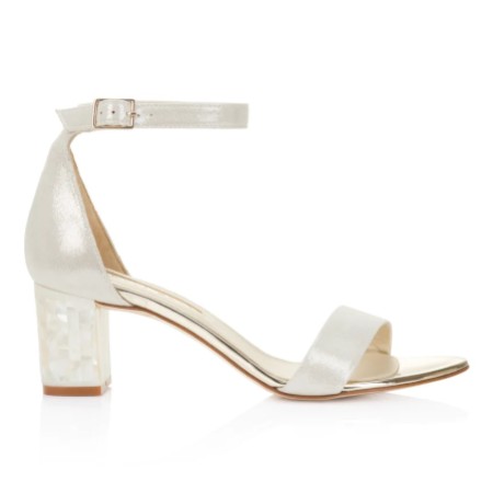 Freya Rose Martene Midi Champagne Suede Mother of Pearl Block Heel Sandals