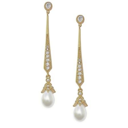 Geneva Long Pearl Drop Wedding Earrings (Gold)