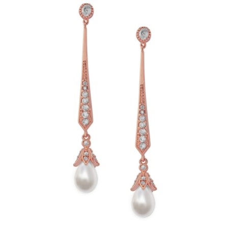 Geneva Long Pearl Drop Wedding Earrings (Rose Gold)