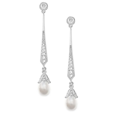 Geneva Long Pearl Drop Wedding Earrings (Silver)