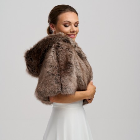 Helen Moore Truffle Faux Fur Short Hooded Bridal Cape