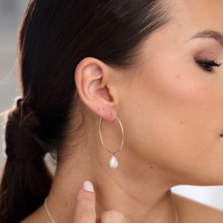 Kaliko Delicate Silver Hoop Earrings with Freshwater Pearl Drop