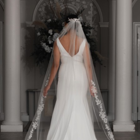 Linzi Jay Single Tier Ivory Cathedral Veil with Beaded Lace Motifs V741