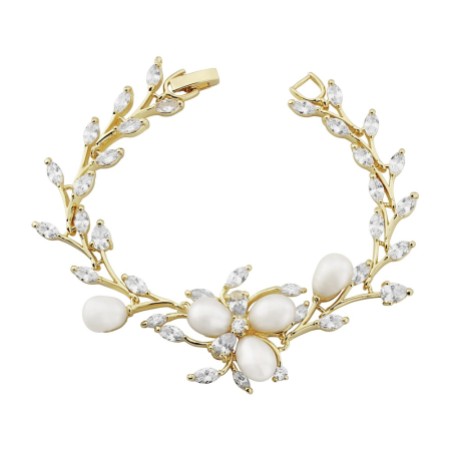 Lola Freshwater Pearl and Crystal Leaves Wedding Bracelet (Gold)