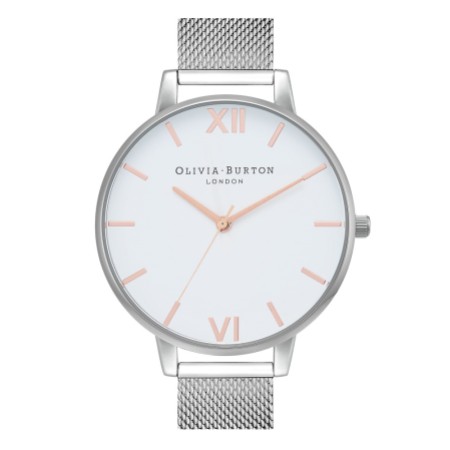 Olivia Burton Classic 38mm White and Silver Mesh Watch
