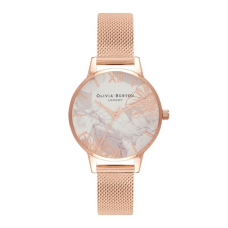 Olivia Burton Floral 30mm White and Rose Gold Mesh Watch