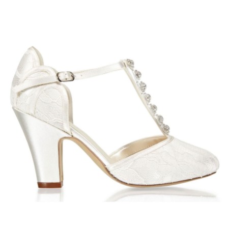 Paradox London Adelia Ivory Lace Block Heel Crystal T-Bar Shoes