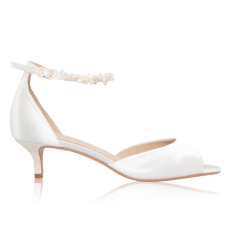 Perfect Bridal Amber Dyeable Ivory Satin Kitten Heel Keshi Pearl Ankle Strap Sandals