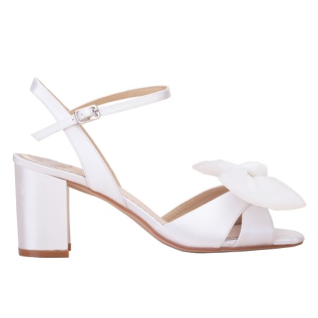 Perfect Bridal Georgia Dyeable Ivory Satin Mid Block Heel Sandals with Tulle Bow