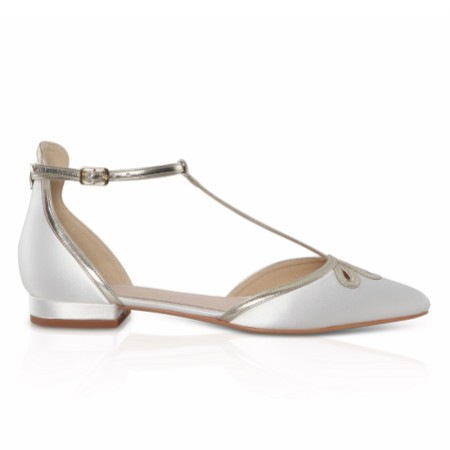 Perfect Bridal Harper Dyeable Ivory Satin and Gold T-Bar Flats