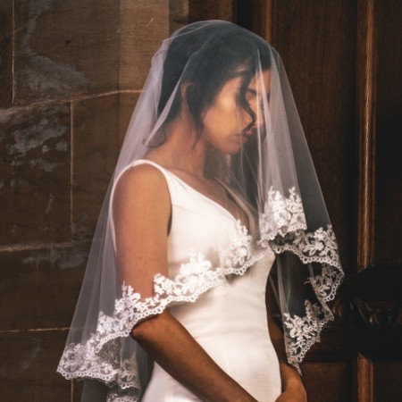 Perfect Bridal Ivory Two Tier Floral Lace Edge Fingertip Veil