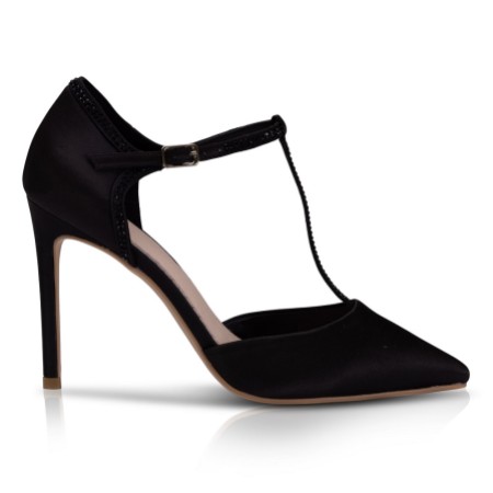 Perfect Bridal Jessica Black Satin High Heel Diamante T-Bar Shoes