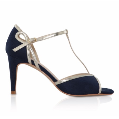 Perfect Bridal Joanna Navy Suede and Gold T-Bar Shoes