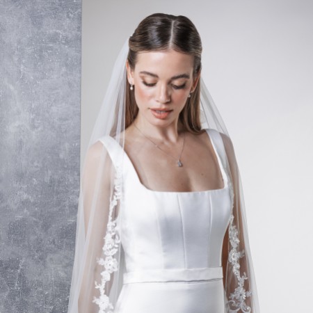Rainbow Club Rose Ivory Single Tier Floral Lace Chapel Veil