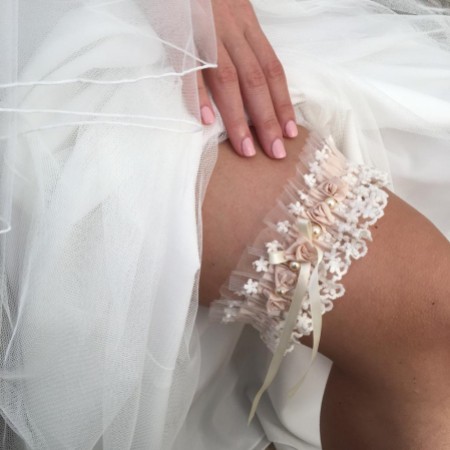 Rhapsody Blush Silk and Ivory Tulle Vintage Lace Garter with Rose Detail