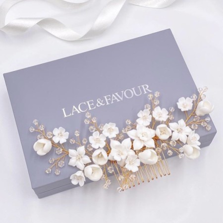 Rosewood Porcelain Flowers and Crystal Hair Comb (Gold)
