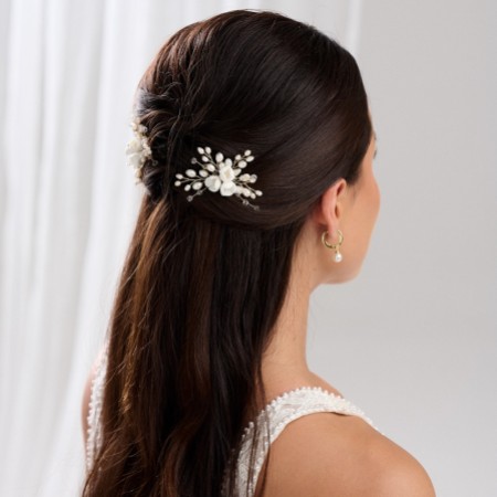 Snowdrop Porcelain Flowers and Freshwater Pearl Hair Pin (Gold)