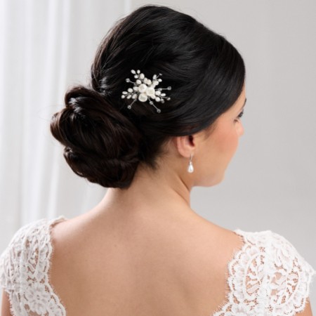 Silver Clear Rhinestone Freshwater Pearl Flower Prom Bridal Hair Clip 