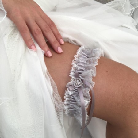 Surrender Silver Satin and Lace Garter with Crystal Heart and Bow Detail