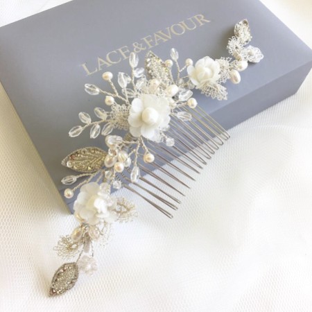 Tabitha Silver Leaves and Ivory Flowers Pearl Hair Comb