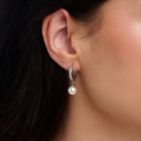Tahiti Silver Pearl Drop Crystal Huggie Hoop Earrings