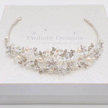Tahlia Freshwater Pearl, Diamante Flowers and Crystal Tiara