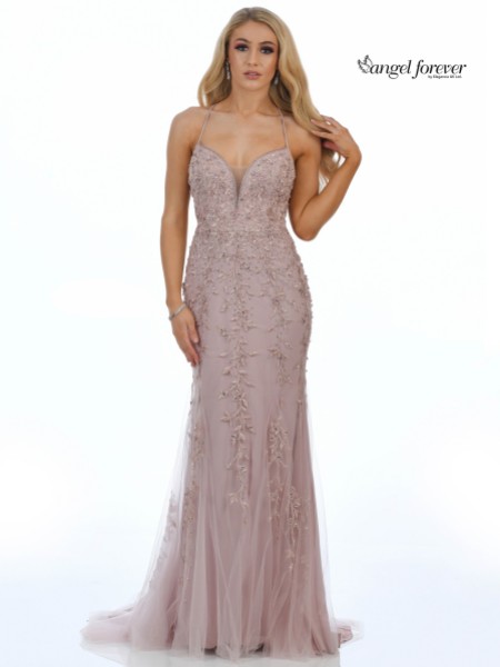 Angel Forever Beaded Lace Backless Fishtail Prom Dress (Rose Gold)