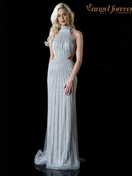 Angel Forever Diamante High Neck Fitted Prom Dress with Cut Outs (Silver)