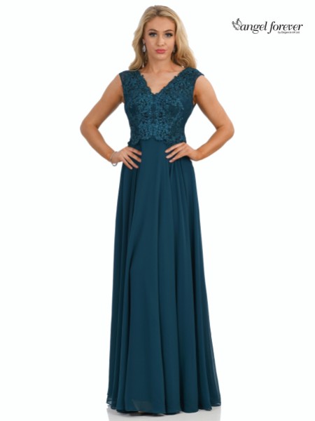 Angel Forever V Neck A Line Chiffon Prom Dress with Lace Bodice (Teal)