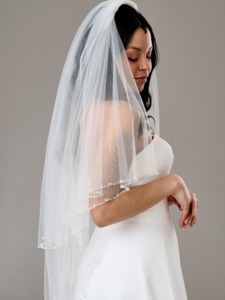 Bridal Veil  Ivory 1 Tier Cathedral Length Trimmed With Clear And Seed Beads 