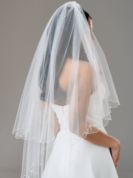 Atlanta Two Tier Beaded Scalloped Edge Veil with Crystal Drops