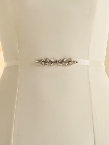 Bianco Narrow Satin Wedding Belt with Crystal Detail