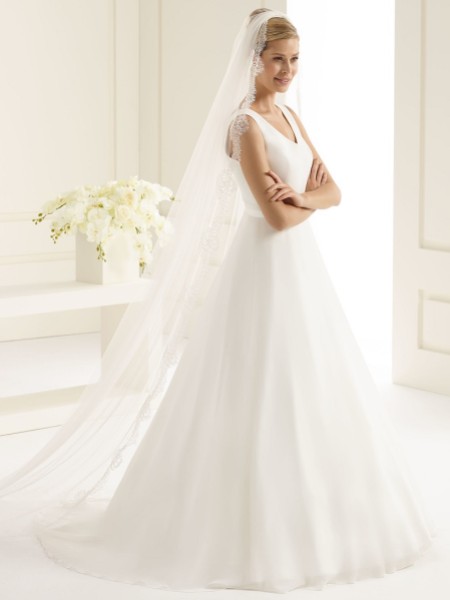 Bianco Single Tier Fine Lace Edge Chapel Length Veil S218
