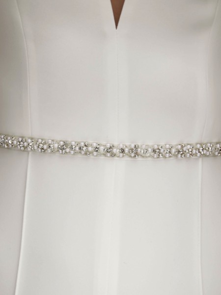 Bianco Thin Pearl and Crystal Organza Wedding Dress Belt